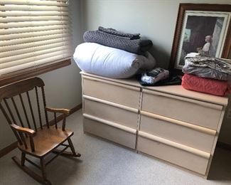 6 drawer dressers, duvet, blankets, bedskirt, children's rocker and more