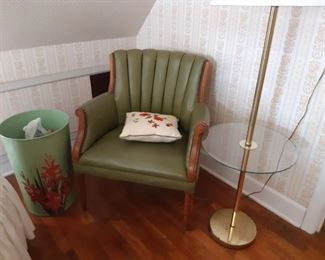 Vintage chairs and lamps, beautiful enamel gladiolus wastebasket