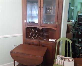 Corner cabinet, tea cart, painted chair