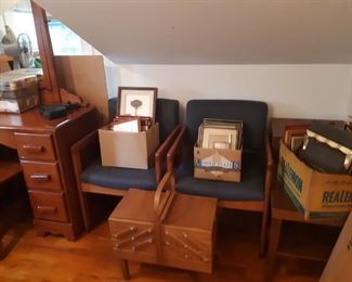 mid-century chairs and sewing boxes