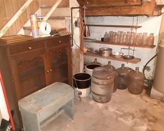 Old bottles, milk bottles, primitive bench, China hutch