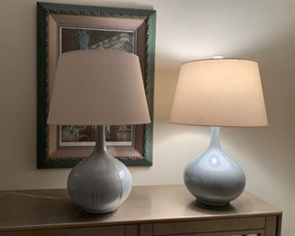 47. (2) CRATE & BARREL GRAY/LIGHT TEAL BLUE LAMPS (27")