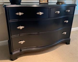 16. BLACK DRESSER WITH CUSTOM GLASS TOP (50" x 21" x 35")  (ACCESSORIES NOT INCLUDED)