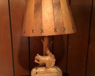 Mid century Canadian carved squirrel lamp signed Mel Dube