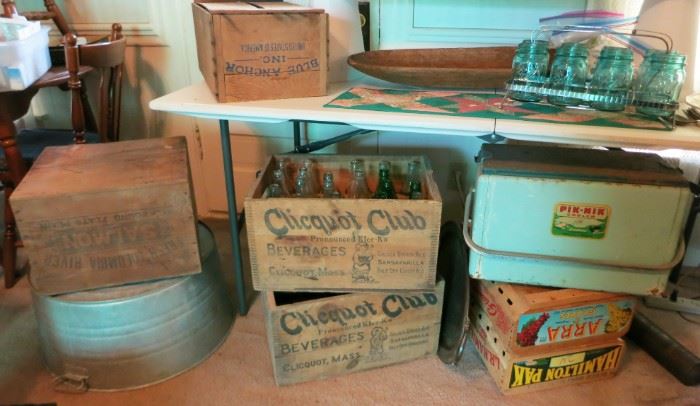 Advertising wooden boxes, galvanized wash tub, collectible bottles, Aqua ball jars w/ carrier, vintage cooler
