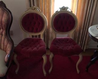 par of red velvet victorian parlour chairs