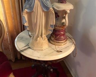 Plaster of Paris Mary Statue.  Marble top parlour table