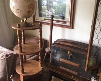 VINTAGE SMALL TRUNK, WOOD CHEST AND TABLES (GLOBE HAS BEEN SOLD)