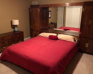 Solid Wood King Size Bedroom Set Complete with Mirror, Cabinet Surrounds, Mattress, Boxspring and Lighting as well as a Separate Long Dresser