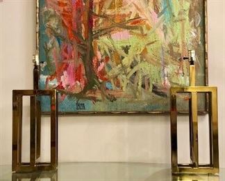 This incredible abstract painting is signed Jenner, an artist out of the South Orange County area. Vibrant colors and texture are stunning in person. These Willy Rizzo brass  lamps are in perfect condition. 