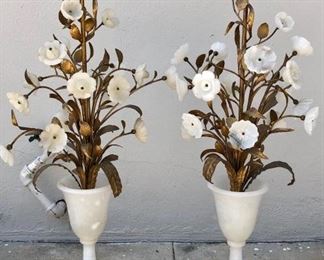 Stunning pair of Italian Toile Hollywood  Regency lamps. Hand crafted from alabaster. In perfect working condition. 