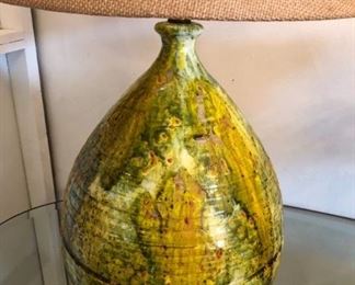 Large chartreuse ceramic lamp with its bulbous base / 1970’s 