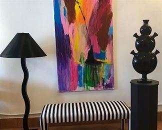 Post modern black lamp 1980’s, black and white stripped bench. Large contemporary abstract 