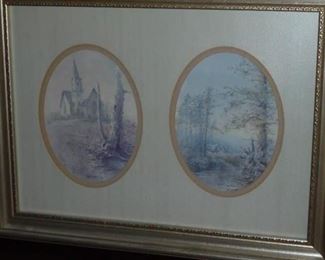Ben Hampton matted & framed picture . Left oval Church 1984, Right oval Country Road 1984