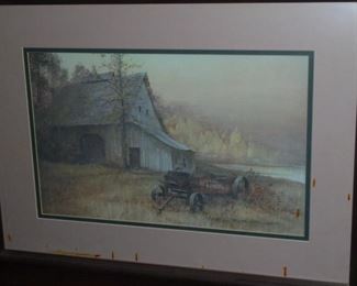 Ben Hampton matted & framed picture . Buck board Wagon at Barn  1985