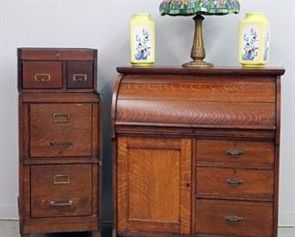 Oak Roll Top  Desk, Oak File Cabinet, Leaded Lamp, Pair of Chinese Vases