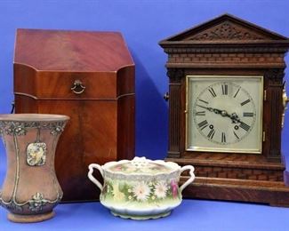 Mahogany Stationary Box, Winterhalder Clock, Weller Vase, Bavarian Cracker Jar