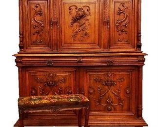 Carved Walnut 2pc French Cabinet & Foot Stool