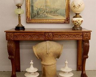 Chimney Cap , Oil Lamps, Oak Console Table, F. Lacky Oil on Canvas, 