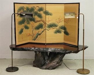 Redwood Live-Edge Coffee Table, Mid Century Lamps, Japanese Screen