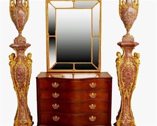 Marble Veneer Urns on Stands, Gilt Mirror, Baker Mahogany Chest