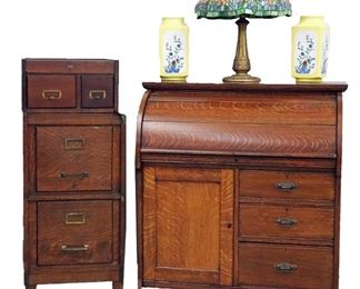 Oak Roll Top  Desk, Oak File Cabinet, Leaded Lamp, Pair of Chinese Vases