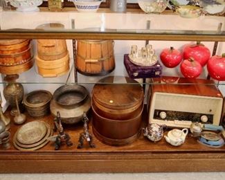 Showcase Grouping - Enamel canister, Radio, Cast Iron & Porcelain, Bronze & Stone pcs.