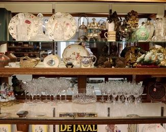 Showcase Grouping- Waterford Stemware, Lamps, Sterling Silver, Pottery, Glassware, etc. 