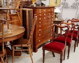 Wall View Grouping - Victorian Side Chairs, Oak Table & Chairs, Iron Trellis, Early Pine Collector's Cabinet