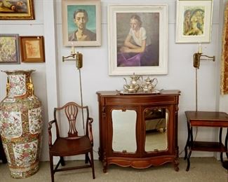 Early Mahogany Chair, Artwork, Asian Floor Vase, Mid Mod Wall Sconces, etc. 