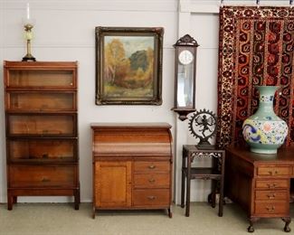 Stacking Bookcase, Roll Top Desk, Artwork