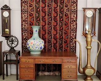 Edwardian Desk, Bronze Statue, Rug, Vase, Wall Clocks