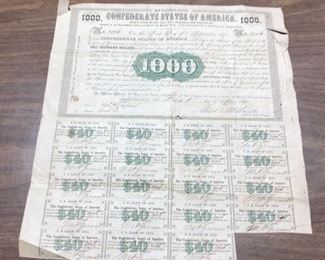 CSA: Confederate States of America $1000 May 1st 1861 Bond Lot # LAC035https://www.ebay.com/itm/113771222177