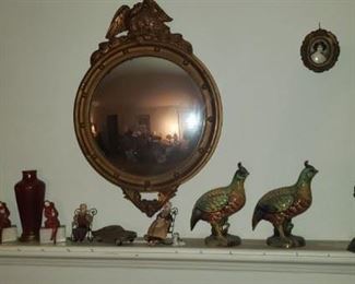 antique Bullseye Mirror, Iron Bookends with celloid faces