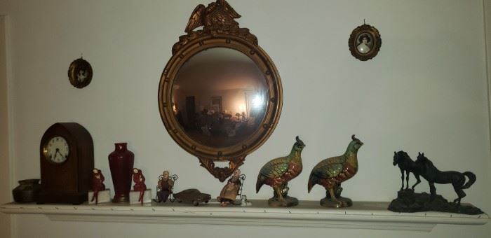 antique Bullseye Mirror, Iron Bookends with celloid faces