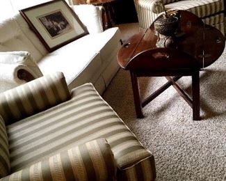Quality Furniture!...Two Pretty Striped Arm Chairs...and A White Two Cushion Love Seat...
