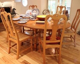 Stephen A. Adams hand crafted tiger maple gate leg table with six rush seat chairs