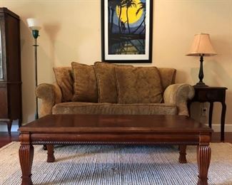 Coffee Table w Inlay, Loveseat, Art, Floor Lamp 