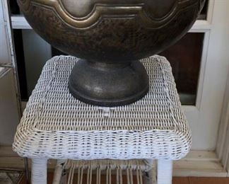 Large Brass Pedestal Bowl, Wicker Table