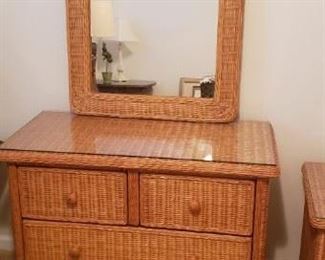 Wicker Dresser Mirror and End Table Set 