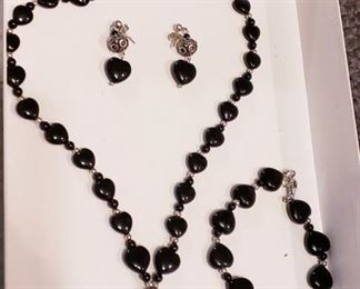 Danbury Mint Heart Onyx and .925 silver Necklace, earrings and bracelet 