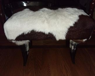 Cow Hide Footstool W/ Horns (Imported From France)