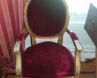 Red Velvet & Gold Toned Paint Accent Chair