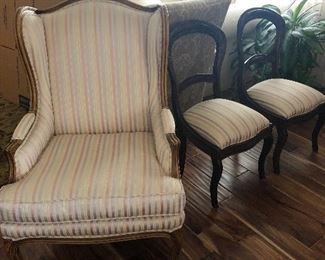 Wing back and two tiger maple chairs