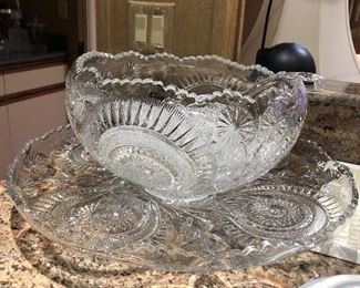 Large American cut glass punch bowl and glasses