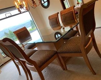 Dining Room Glass top pedistal Table Chairs