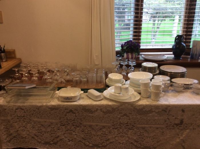 Nice glassware, white Corelle dishes, China set 