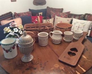 Longaberger pottery and baskets, plus a paddle