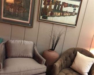 two swivel chairs, pot on stand