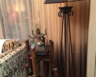 Heavy metal floor lamp, cool bamboo table